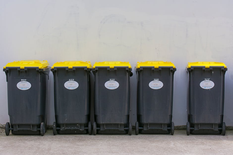 A row of five large black wheeled rubbish bins with yellow lids are lined up against a plain, light-colored wall, positioned on a concrete surface. The bins have white oval labels with blue and black 